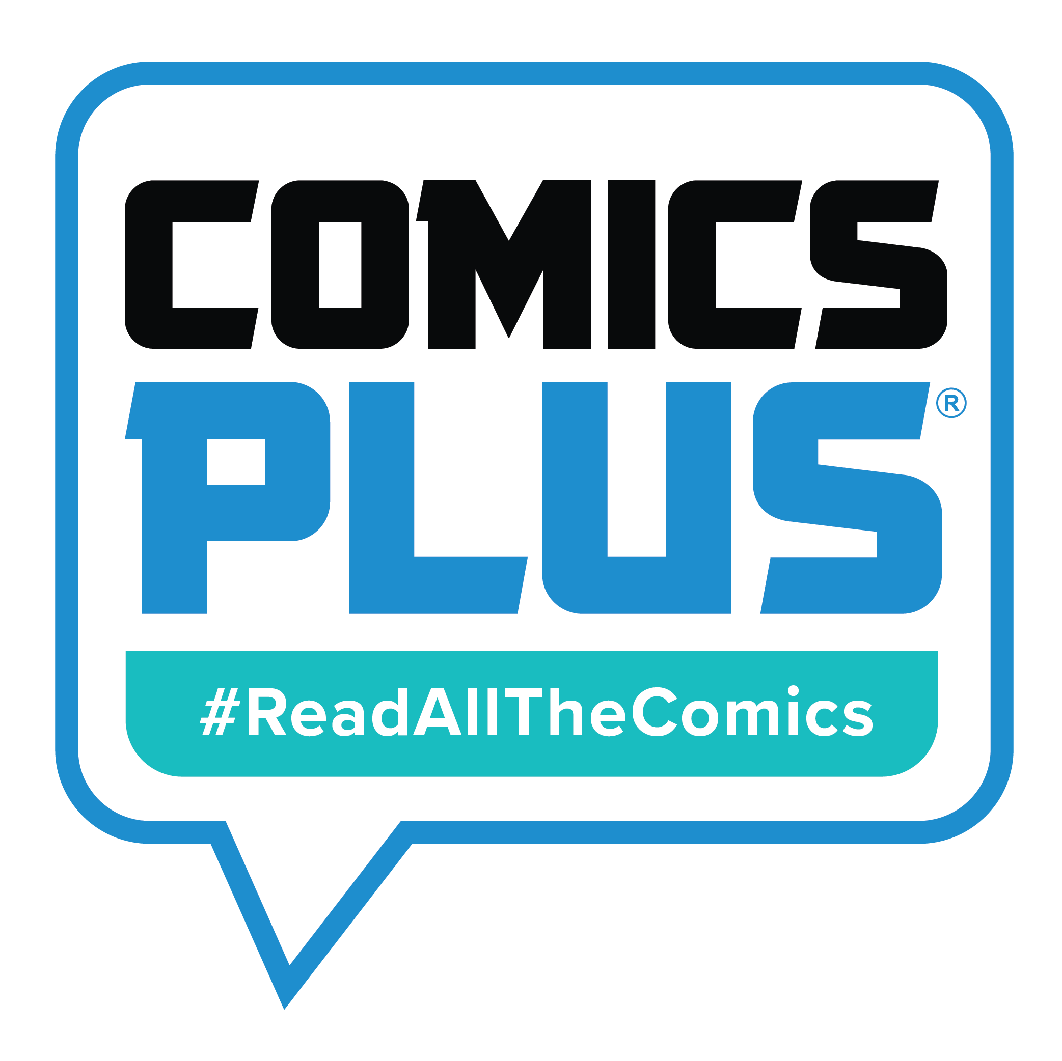 Comics Plus logo with a speech bubble, bold text, and the hashtag "#ReadAllTheComics" on a teal banner.