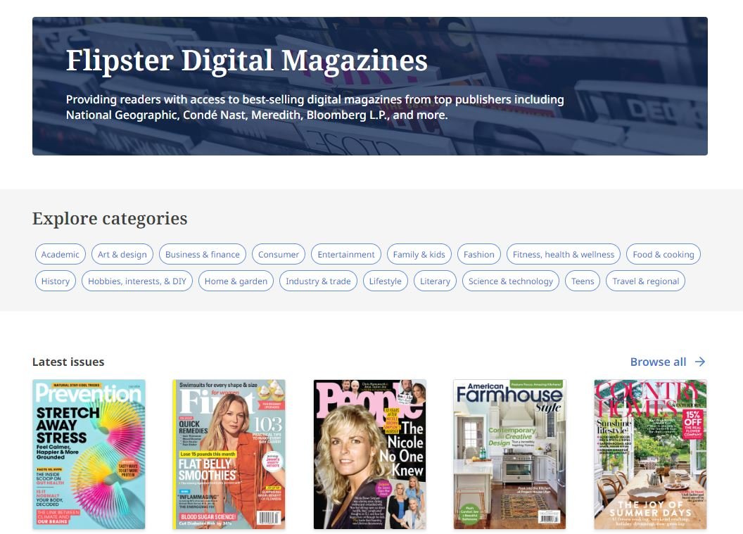 Flipster webpage displaying digital magazine categories and covers of recent issues like Prevention, EatingWell, and People.