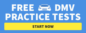 A blue banner reading “Free DMV Practice Tests” with a car icon, and a yellow button labeled “Start Now.”