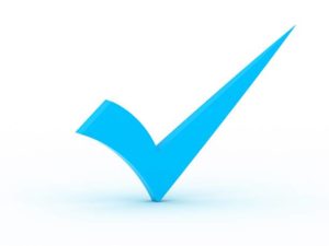 A bright blue checkmark with a soft shadow beneath it on a white background.