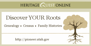 The HeritageQuest Online banner showing a tree graphic with the tagline “Discover Your Roots.”