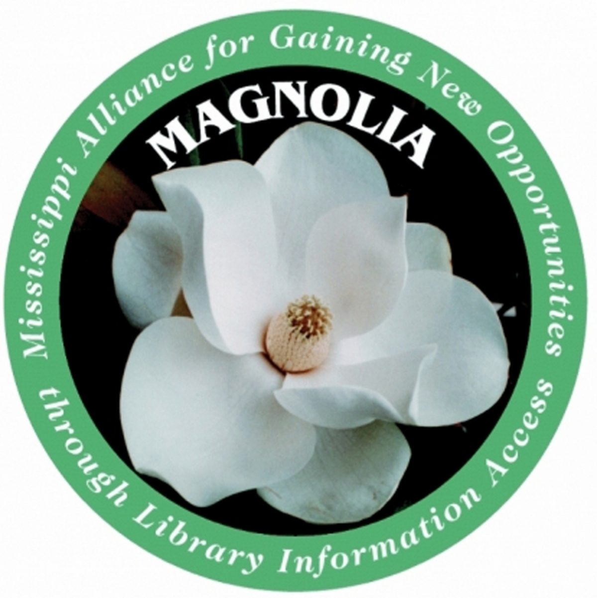 A circular Magnolia Databases logo featuring a large white magnolia flower in the center with green outer text reading “Mississippi Alliance for Gaining New Opportunities through Library Information Access.”
